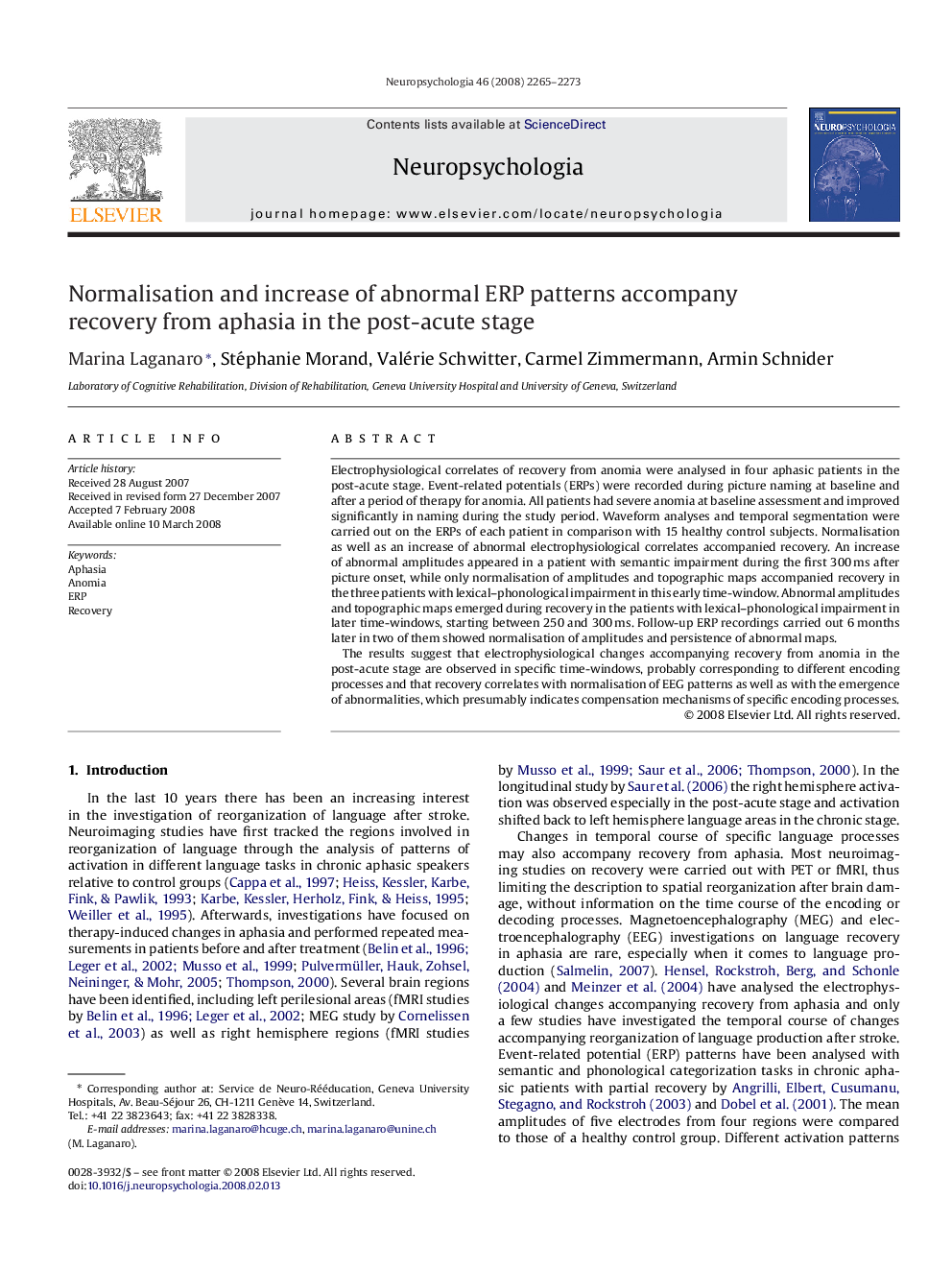 Normalisation and increase of abnormal ERP patterns accompany recovery from aphasia in the post-acute stage