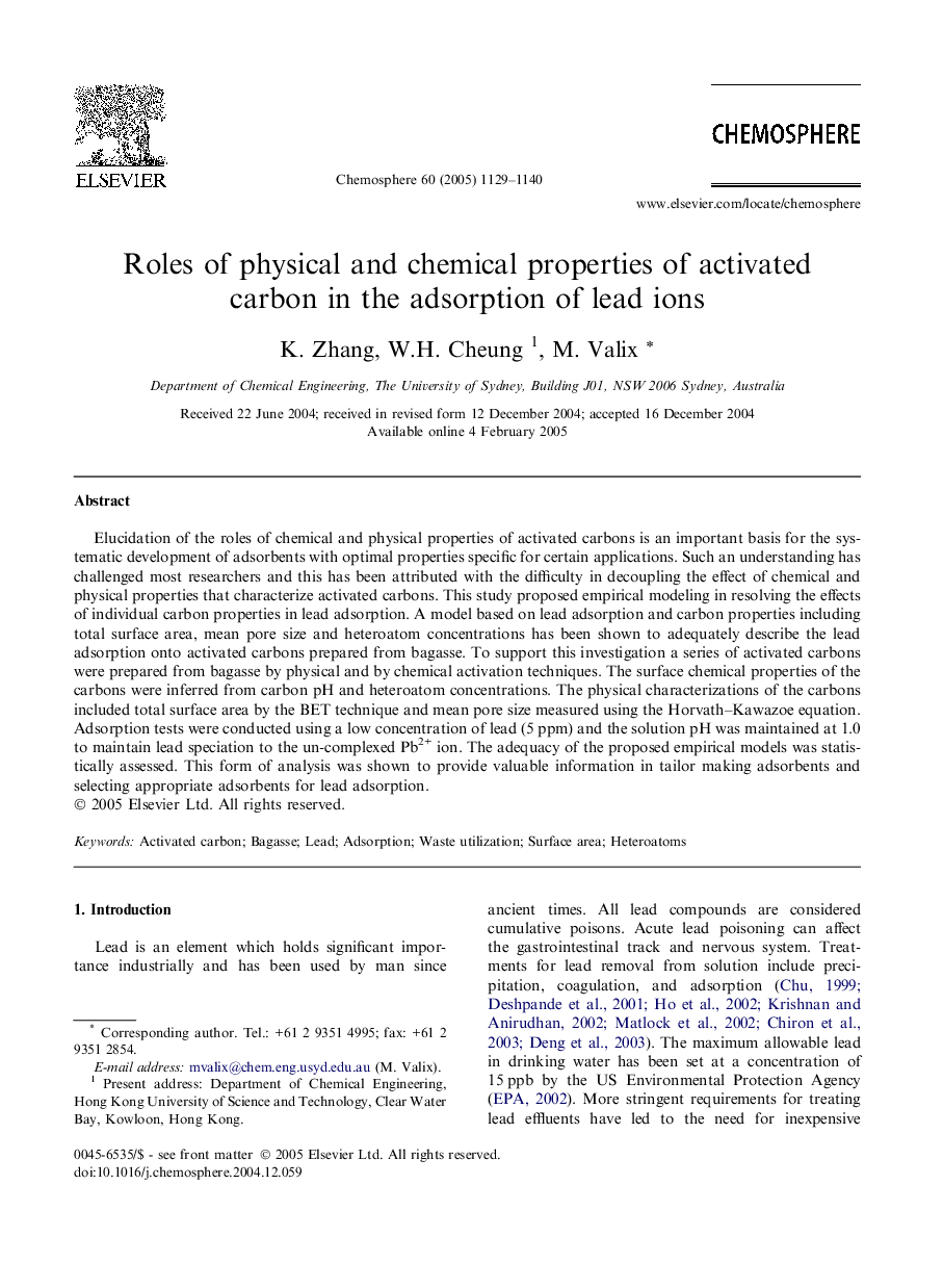 Roles of physical and chemical properties of activated carbon in the adsorption of lead ions