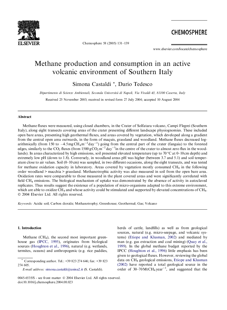 Methane production and consumption in an active volcanic environment of Southern Italy