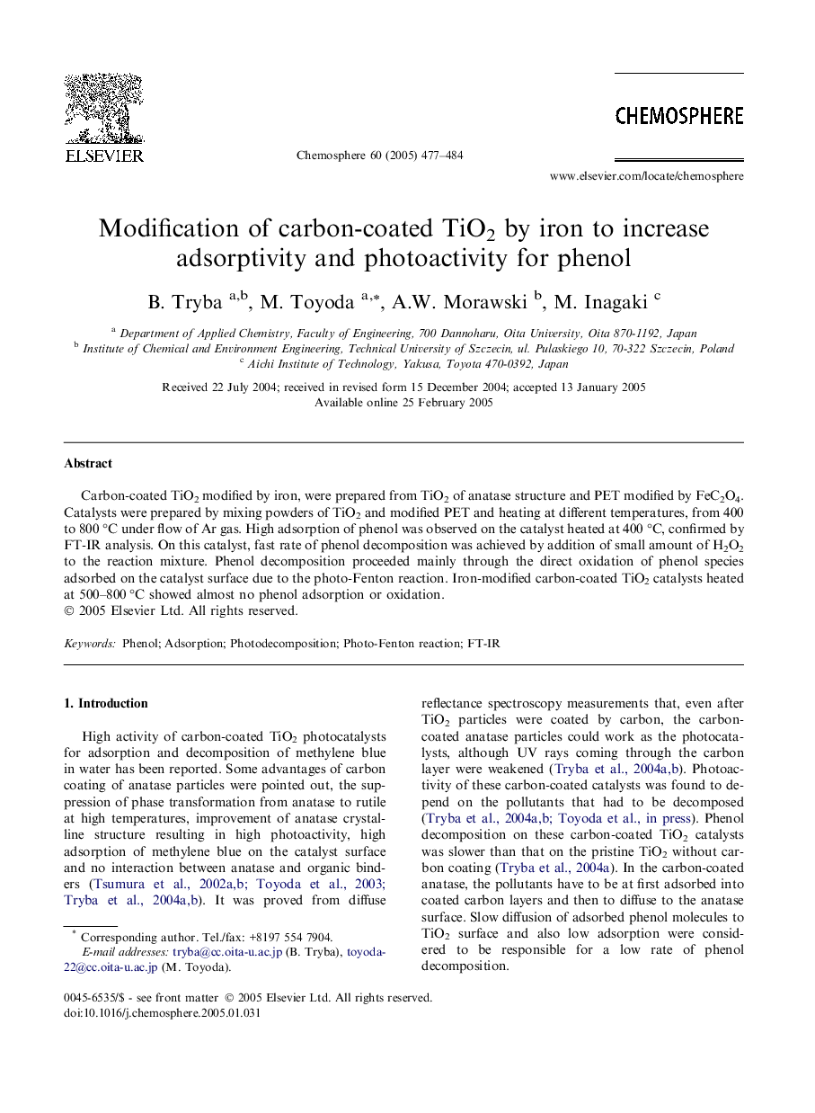 Modification of carbon-coated TiO2 by iron to increase adsorptivity and photoactivity for phenol