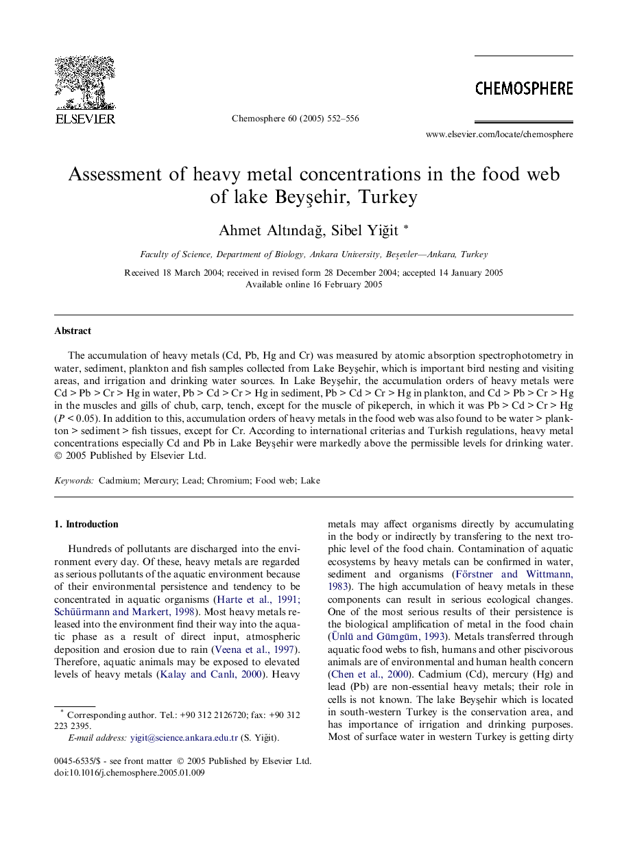 Assessment of heavy metal concentrations in the food web of lake BeyÅehir, Turkey