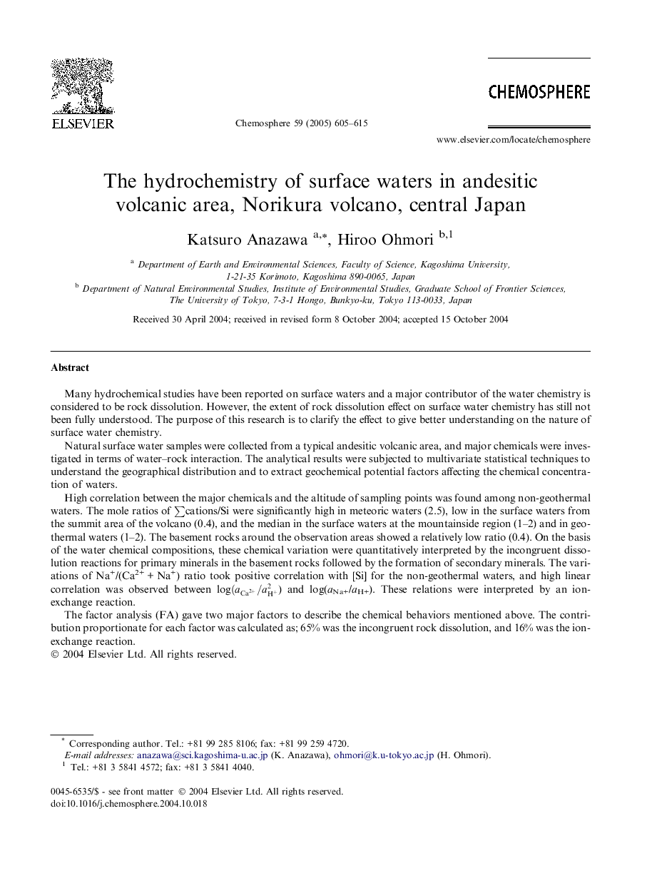 The hydrochemistry of surface waters in andesitic volcanic area, Norikura volcano, central Japan