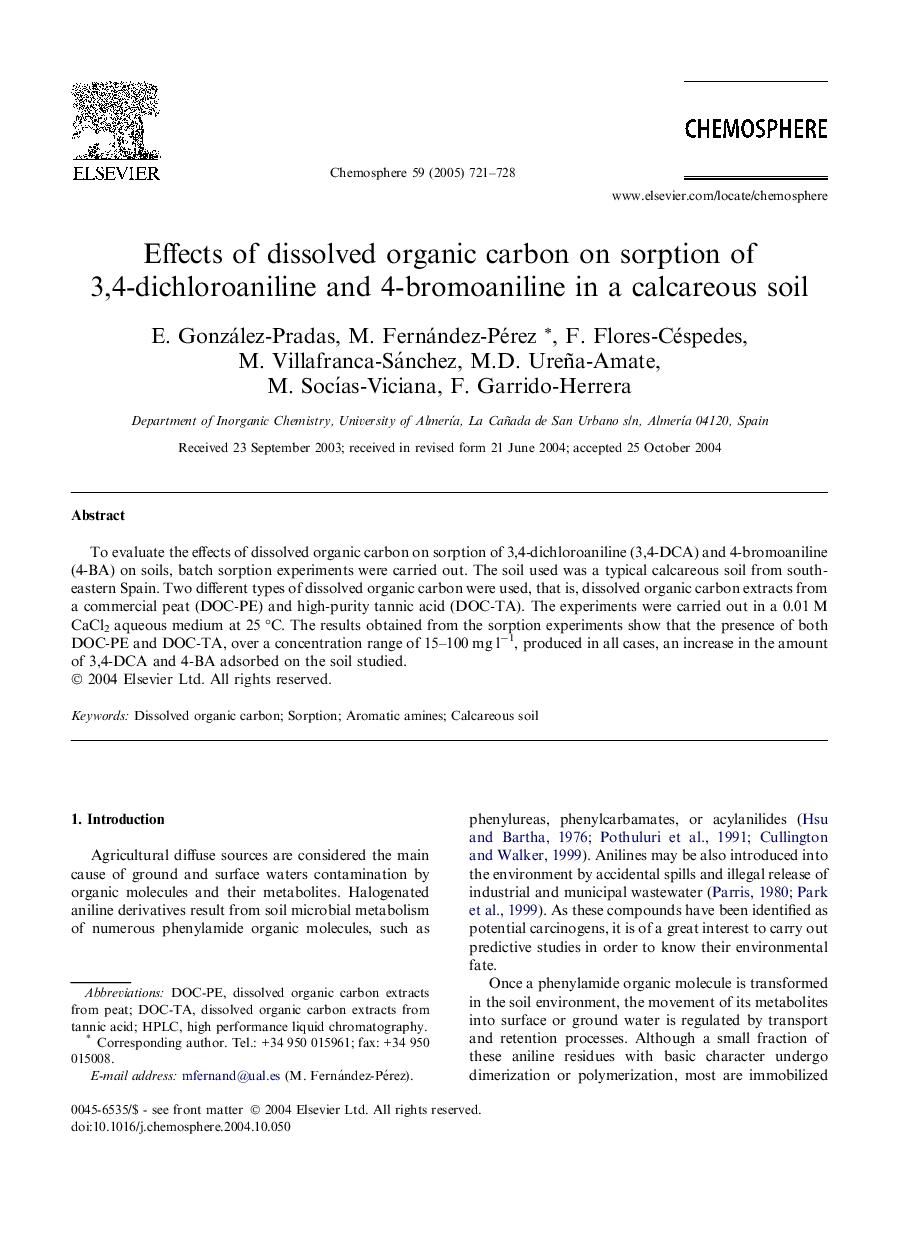 Effects of dissolved organic carbon on sorption of 3,4-dichloroaniline and 4-bromoaniline in a calcareous soil