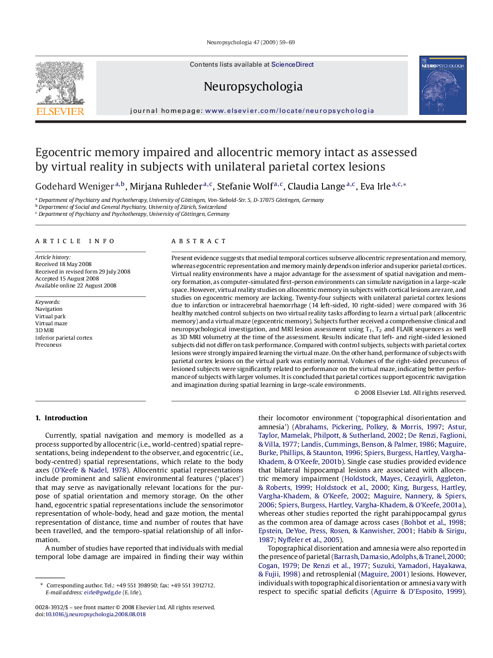 Egocentric memory impaired and allocentric memory intact as assessed by virtual reality in subjects with unilateral parietal cortex lesions