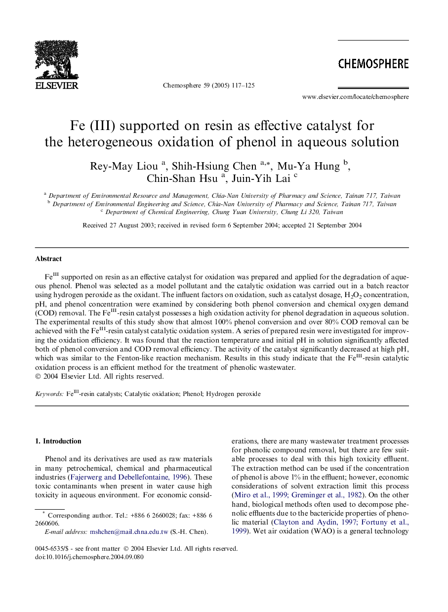 Fe (III) supported on resin as effective catalyst for the heterogeneous oxidation of phenol in aqueous solution