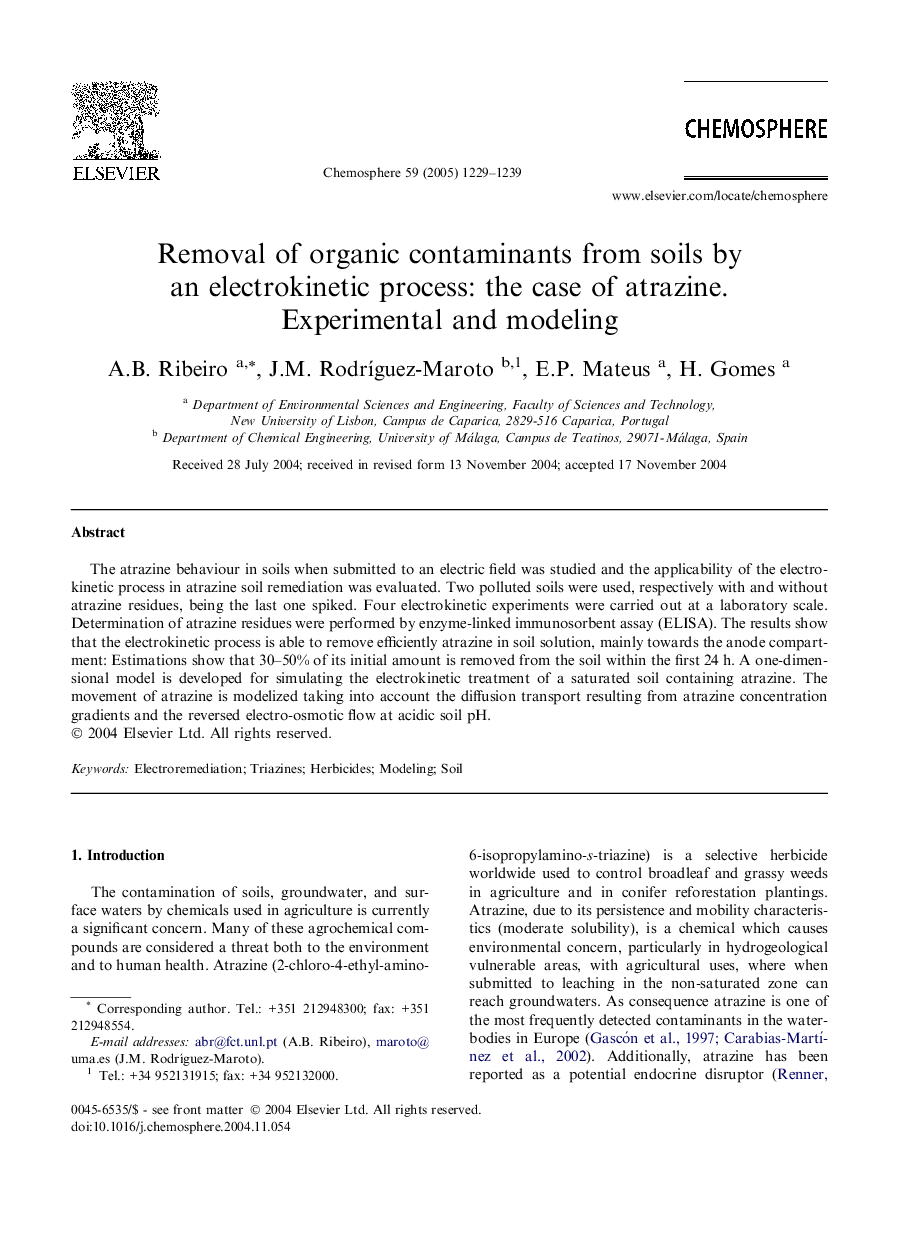 Removal of organic contaminants from soils by an electrokinetic process: the case of atrazine.