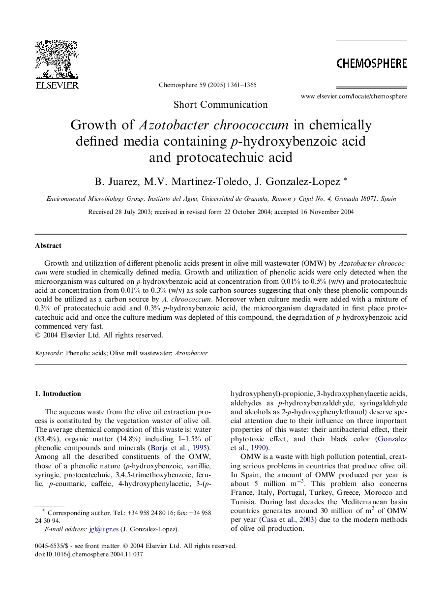 Growth of Azotobacter chroococcum in chemically defined media containing p-hydroxybenzoic acid and protocatechuic acid