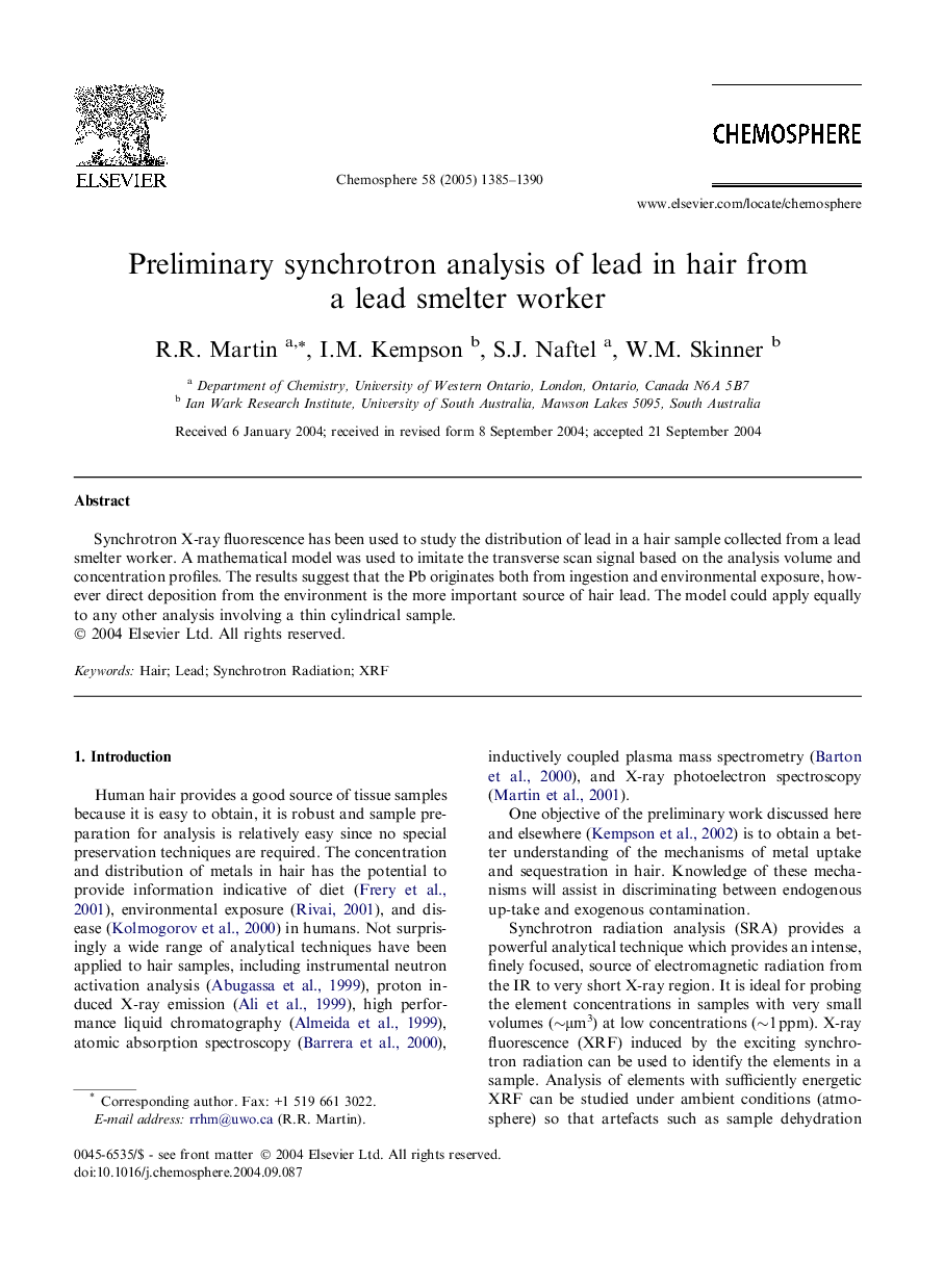 Preliminary synchrotron analysis of lead in hair from a lead smelter worker