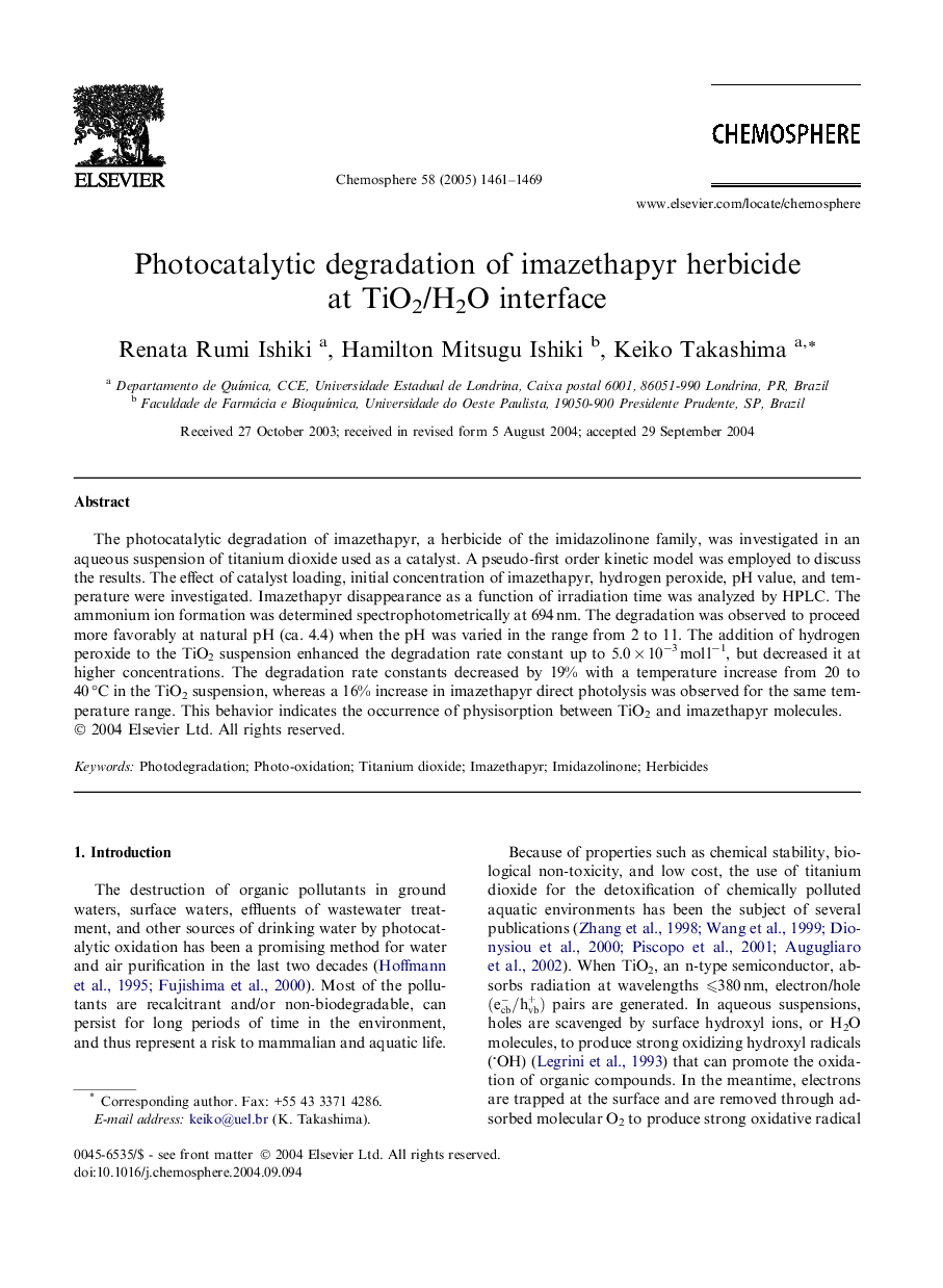 Photocatalytic degradation of imazethapyr herbicide at TiO2/H2O interface