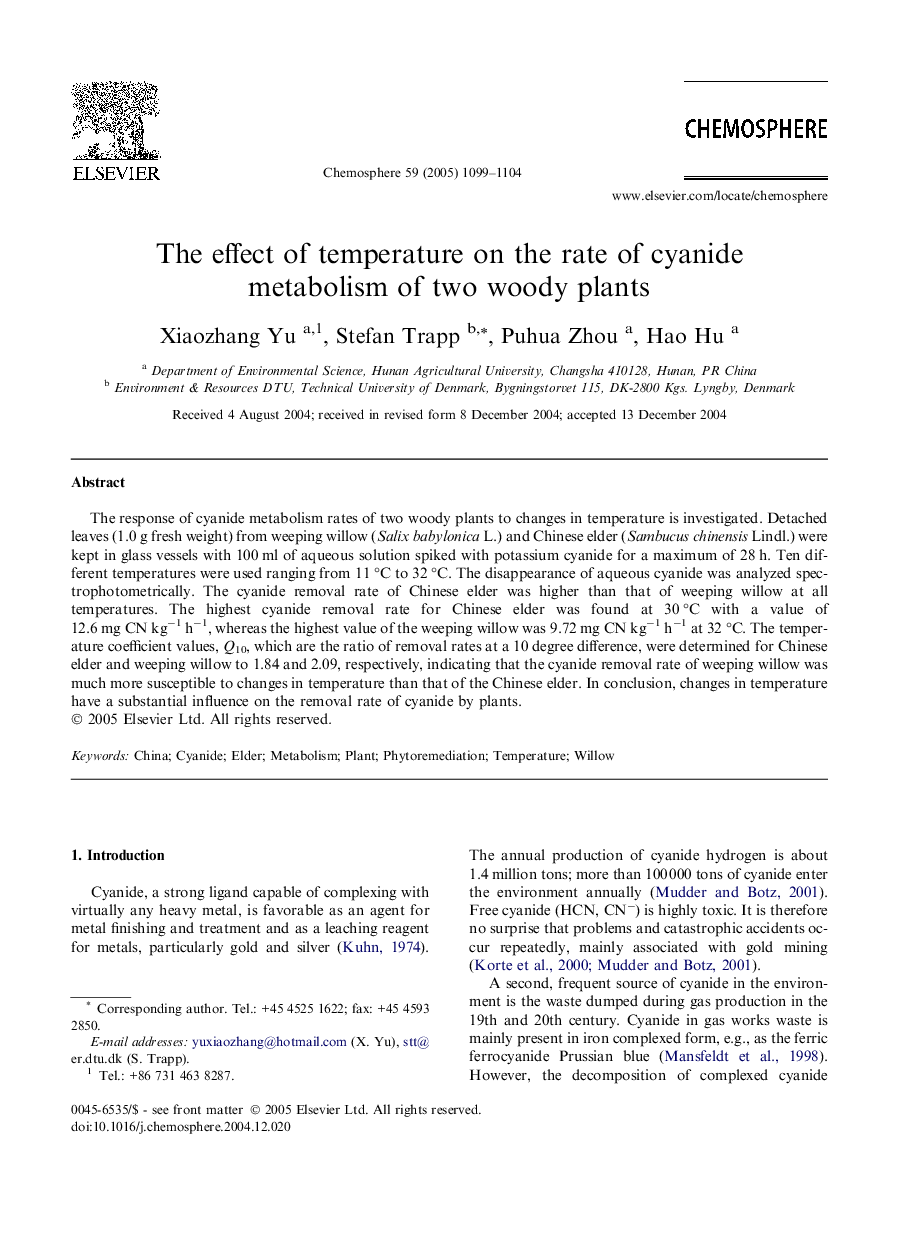 The effect of temperature on the rate of cyanide metabolism of two woody plants