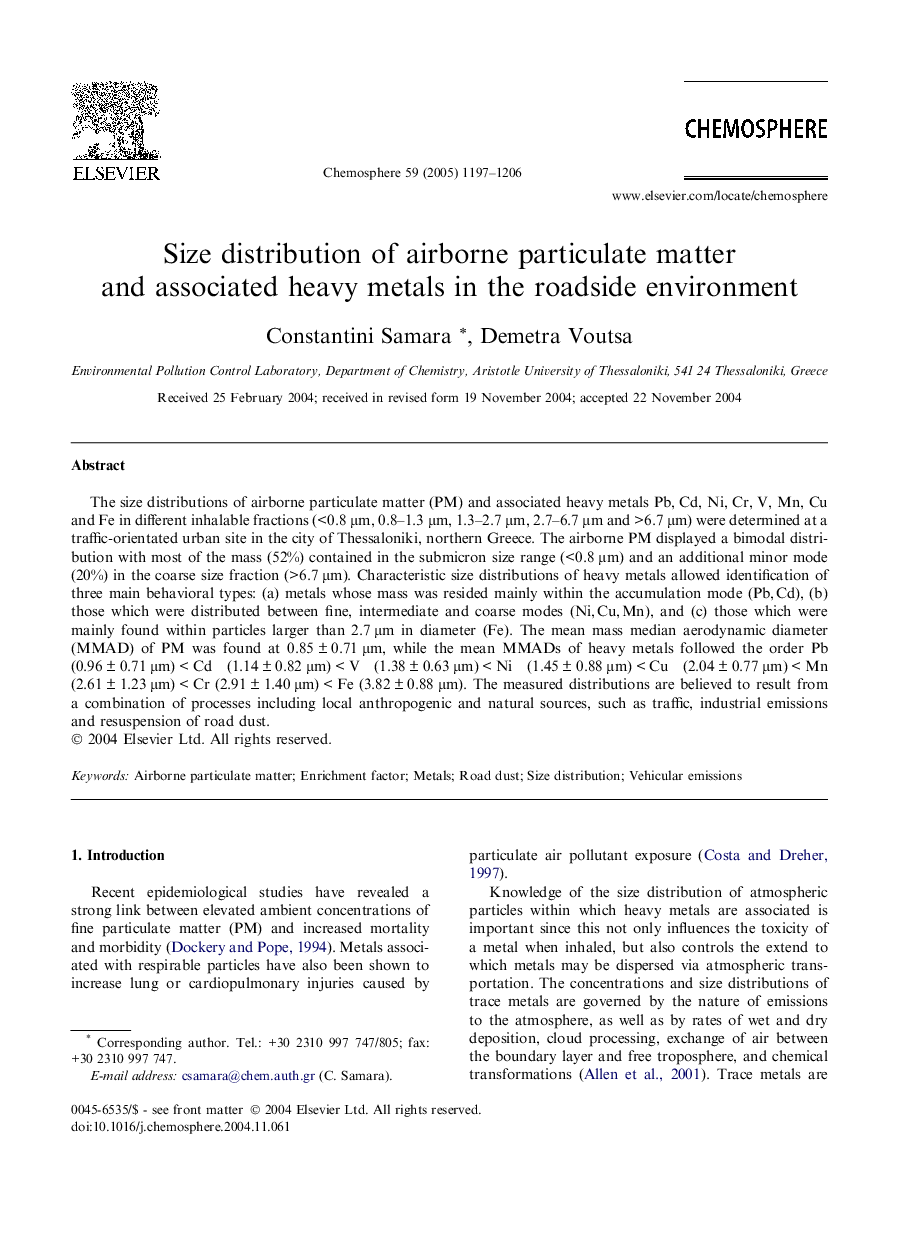 Size distribution of airborne particulate matter and associated heavy metals in the roadside environment