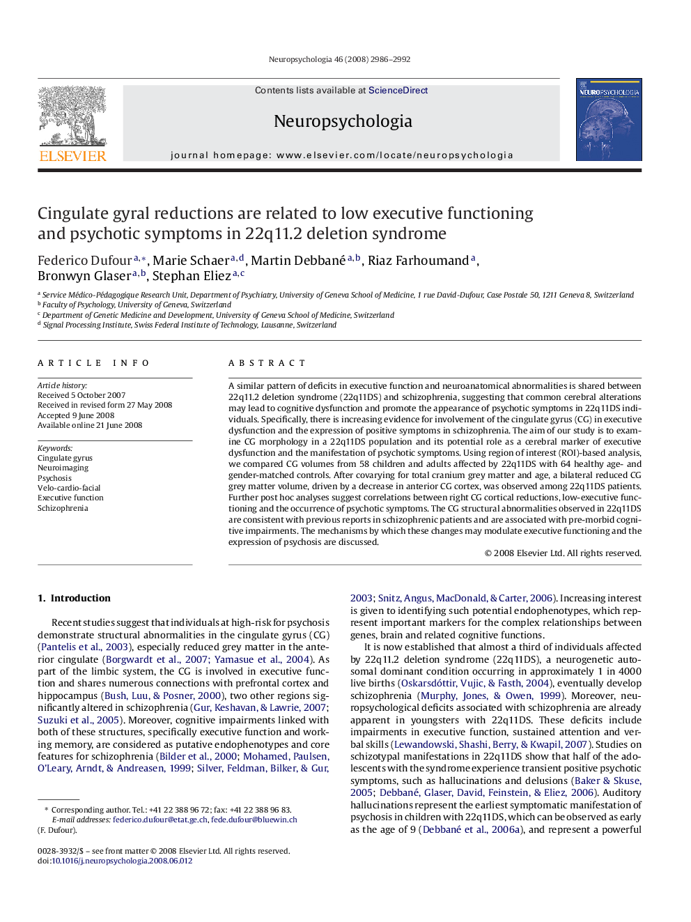 Cingulate gyral reductions are related to low executive functioning and psychotic symptoms in 22q11.2 deletion syndrome