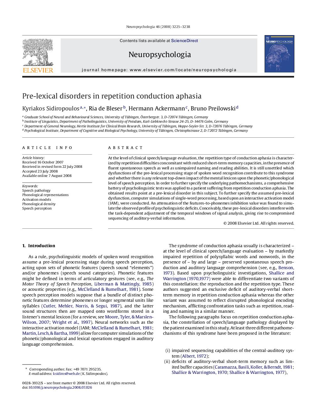 Pre-lexical disorders in repetition conduction aphasia