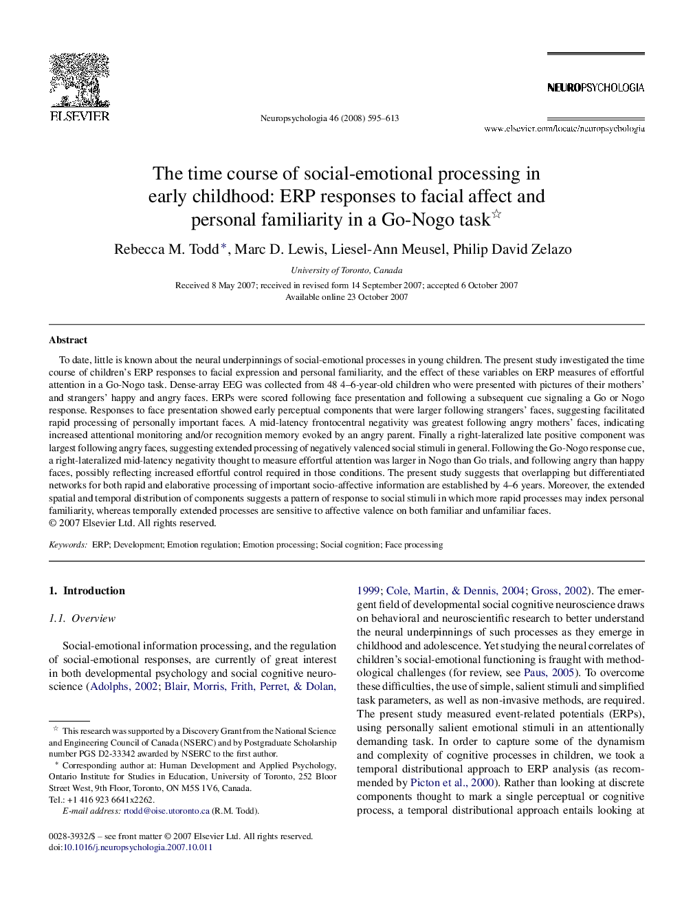 The time course of social-emotional processing in early childhood: ERP responses to facial affect and personal familiarity in a Go-Nogo task 