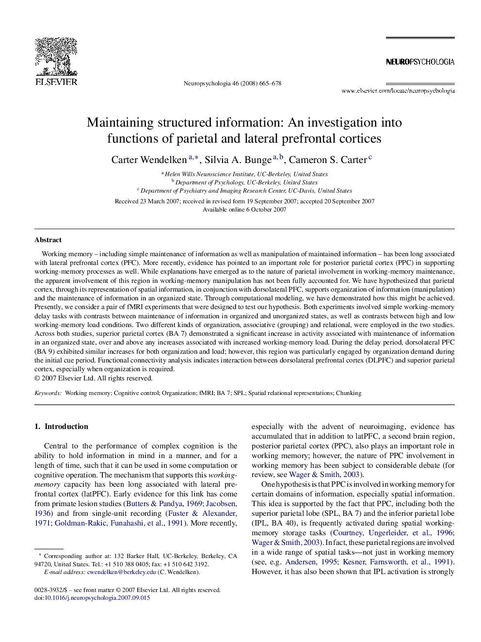 Maintaining structured information: An investigation into functions of parietal and lateral prefrontal cortices