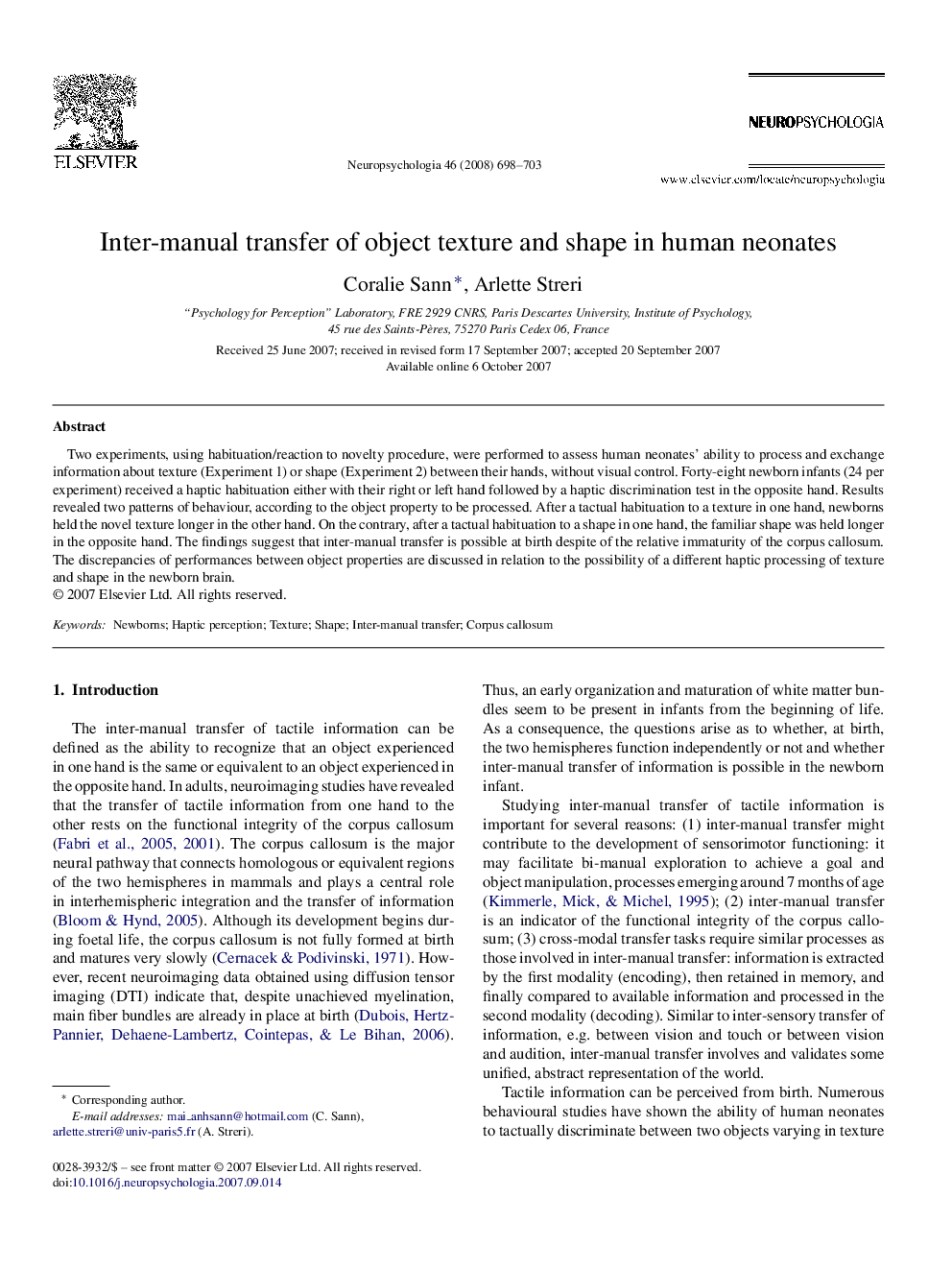 Inter-manual transfer of object texture and shape in human neonates