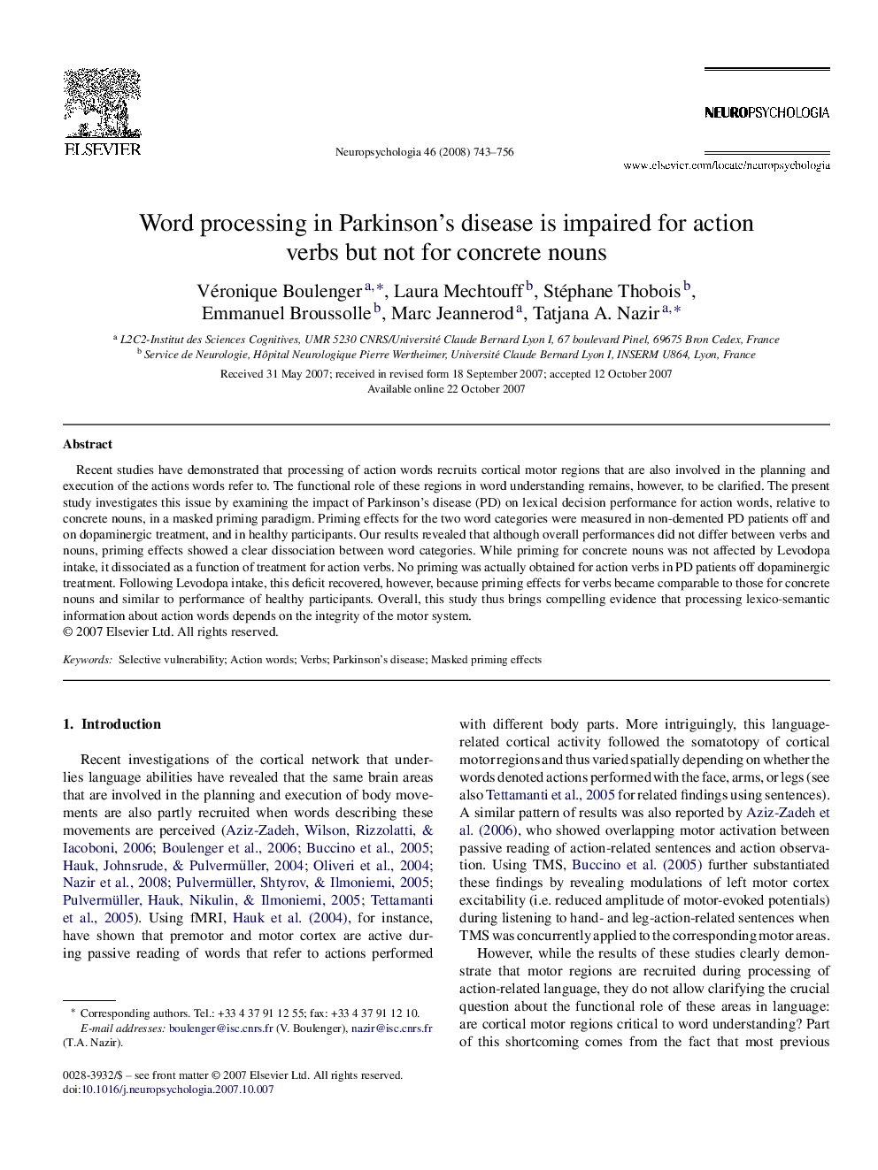 Word processing in Parkinson's disease is impaired for action verbs but not for concrete nouns