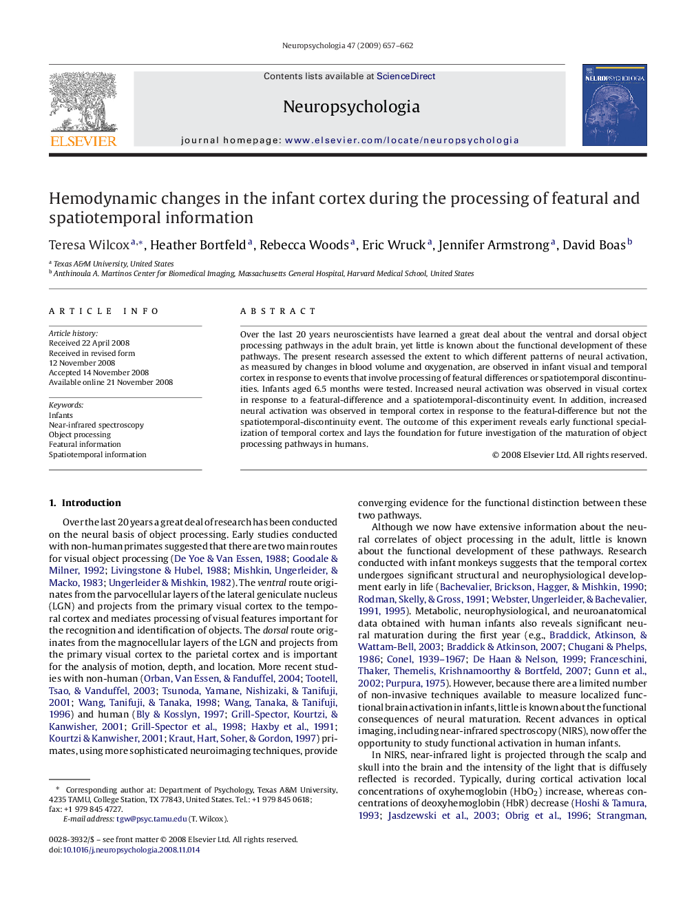 Hemodynamic changes in the infant cortex during the processing of featural and spatiotemporal information