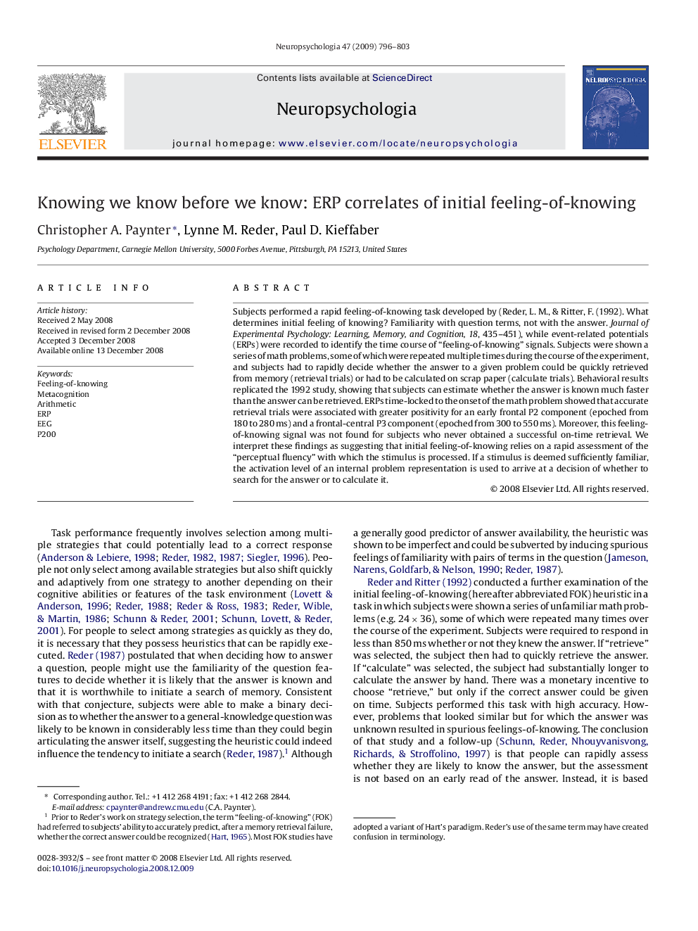 Knowing we know before we know: ERP correlates of initial feeling-of-knowing