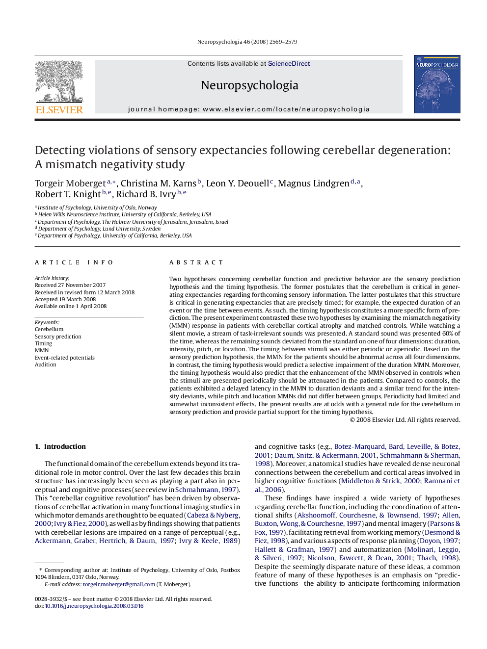 Detecting violations of sensory expectancies following cerebellar degeneration: A mismatch negativity study