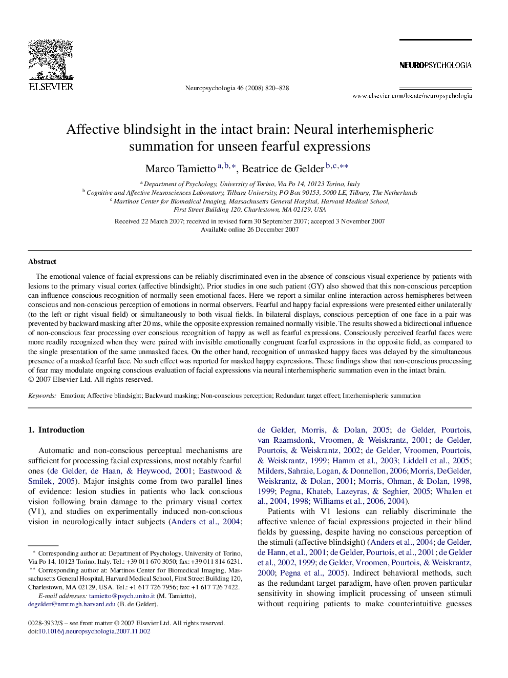 Affective blindsight in the intact brain: Neural interhemispheric summation for unseen fearful expressions