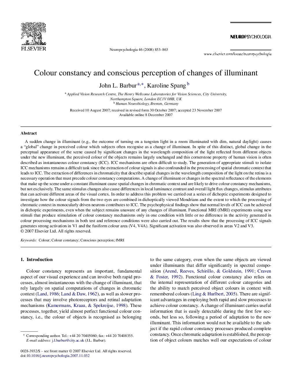 Colour constancy and conscious perception of changes of illuminant