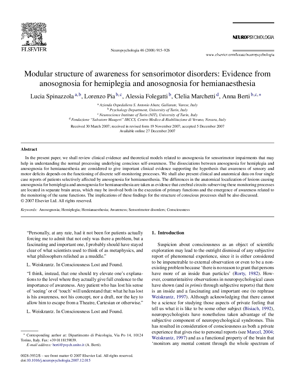 Modular structure of awareness for sensorimotor disorders: Evidence from anosognosia for hemiplegia and anosognosia for hemianaesthesia