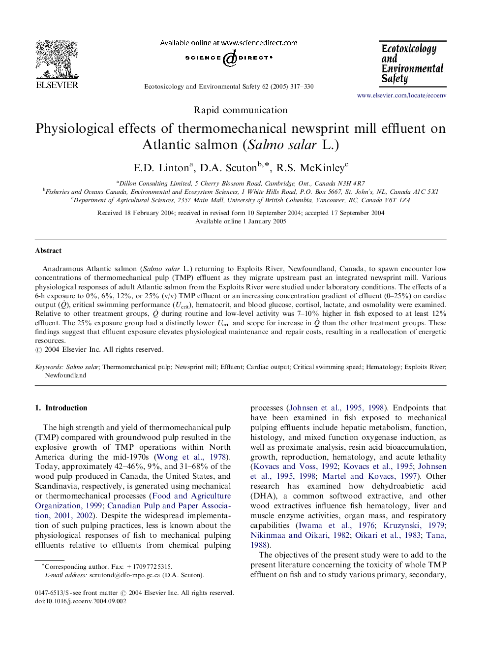 Physiological effects of thermomechanical newsprint mill effluent on Atlantic salmon (Salmo salar L.)