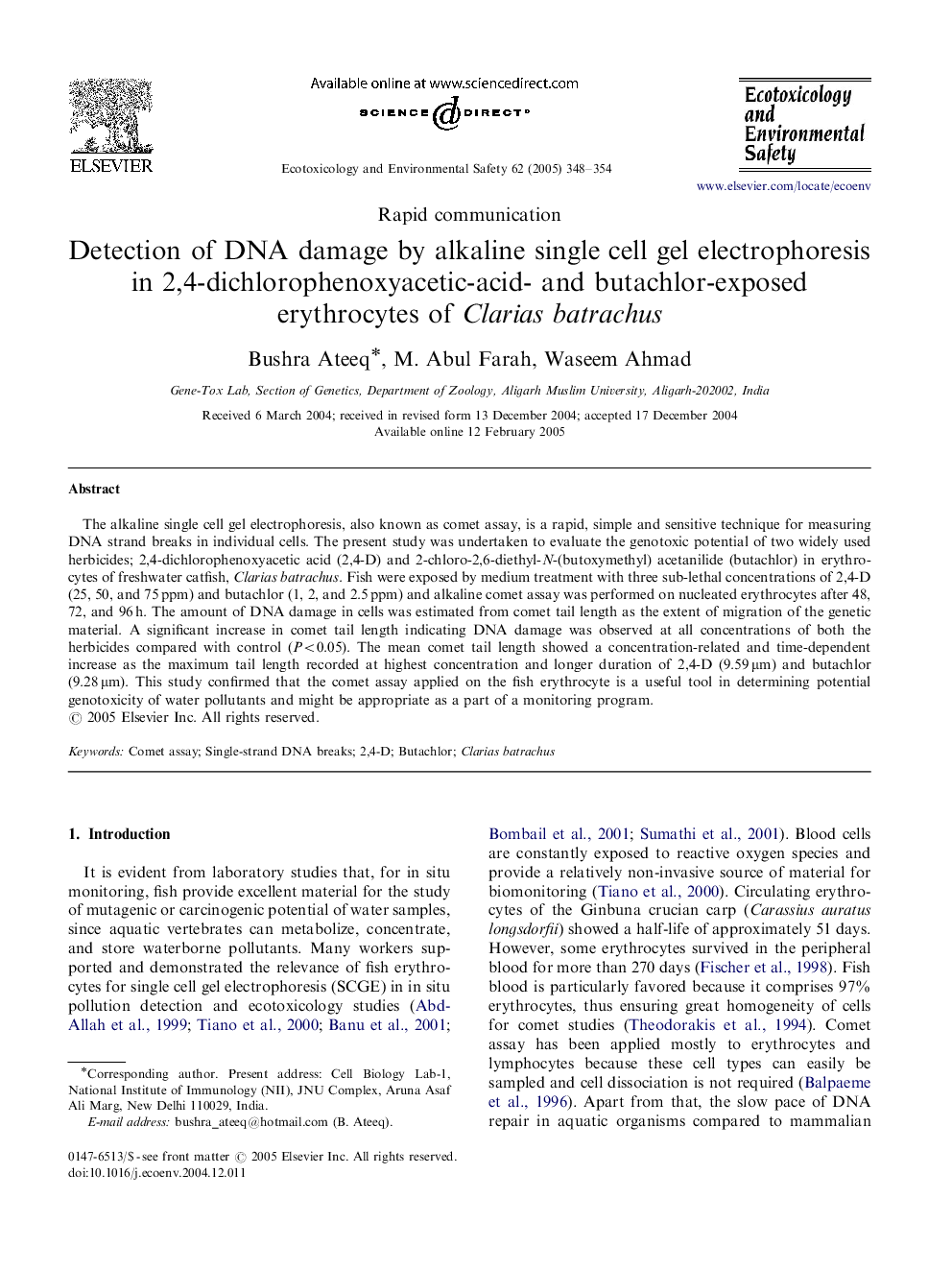 Detection of DNA damage by alkaline single cell gel electrophoresis in 2,4-dichlorophenoxyacetic-acid- and butachlor-exposed erythrocytes of Clarias batrachus