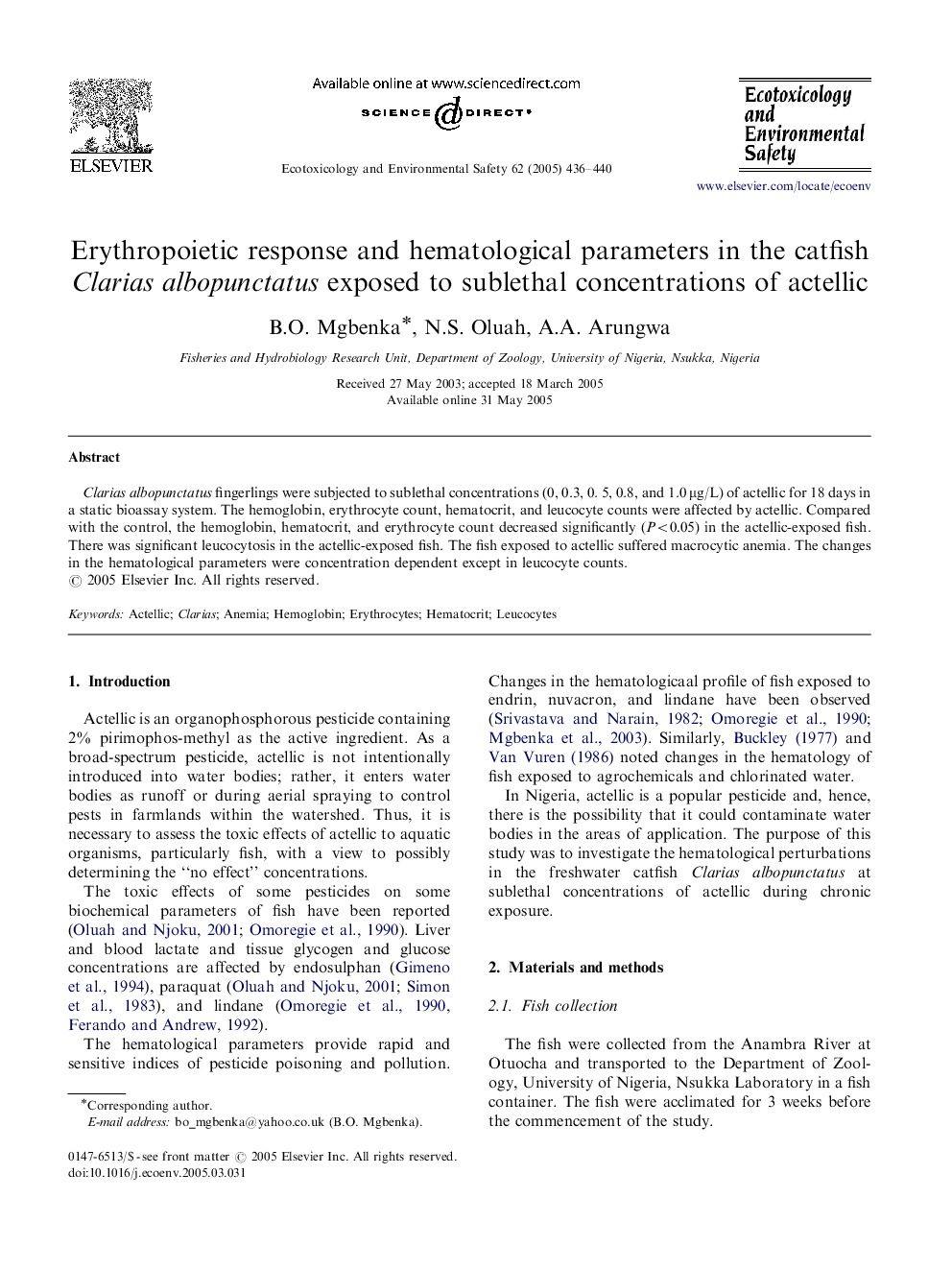 Erythropoietic response and hematological parameters in the catfish Clarias albopunctatus exposed to sublethal concentrations of actellic