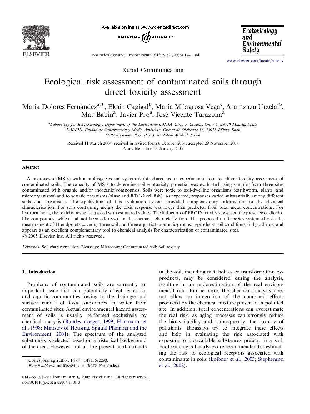 Ecological risk assessment of contaminated soils through direct toxicity assessment