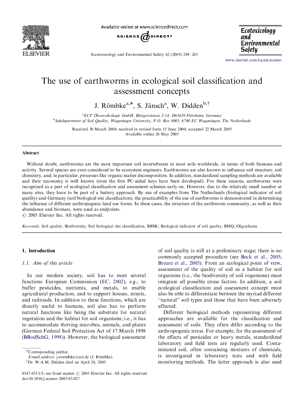 The use of earthworms in ecological soil classification and assessment concepts