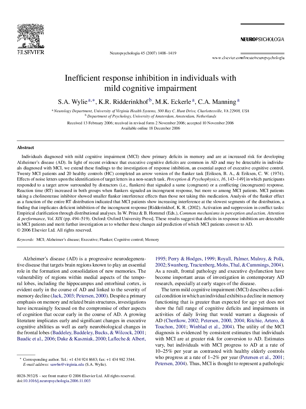 Inefficient response inhibition in individuals with mild cognitive impairment