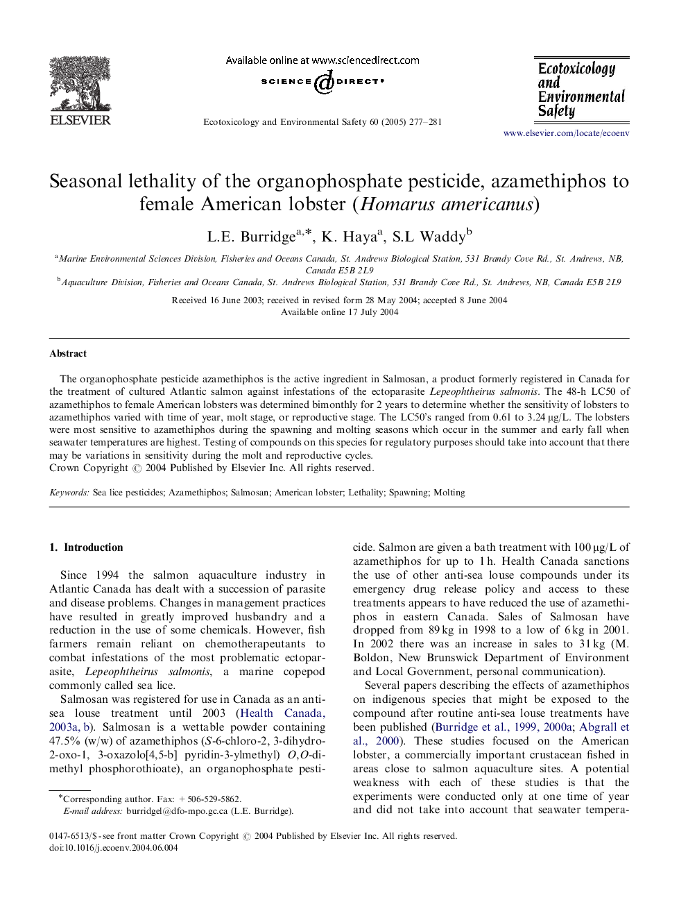 Seasonal lethality of the organophosphate pesticide, azamethiphos to female American lobster (Homarus americanus)