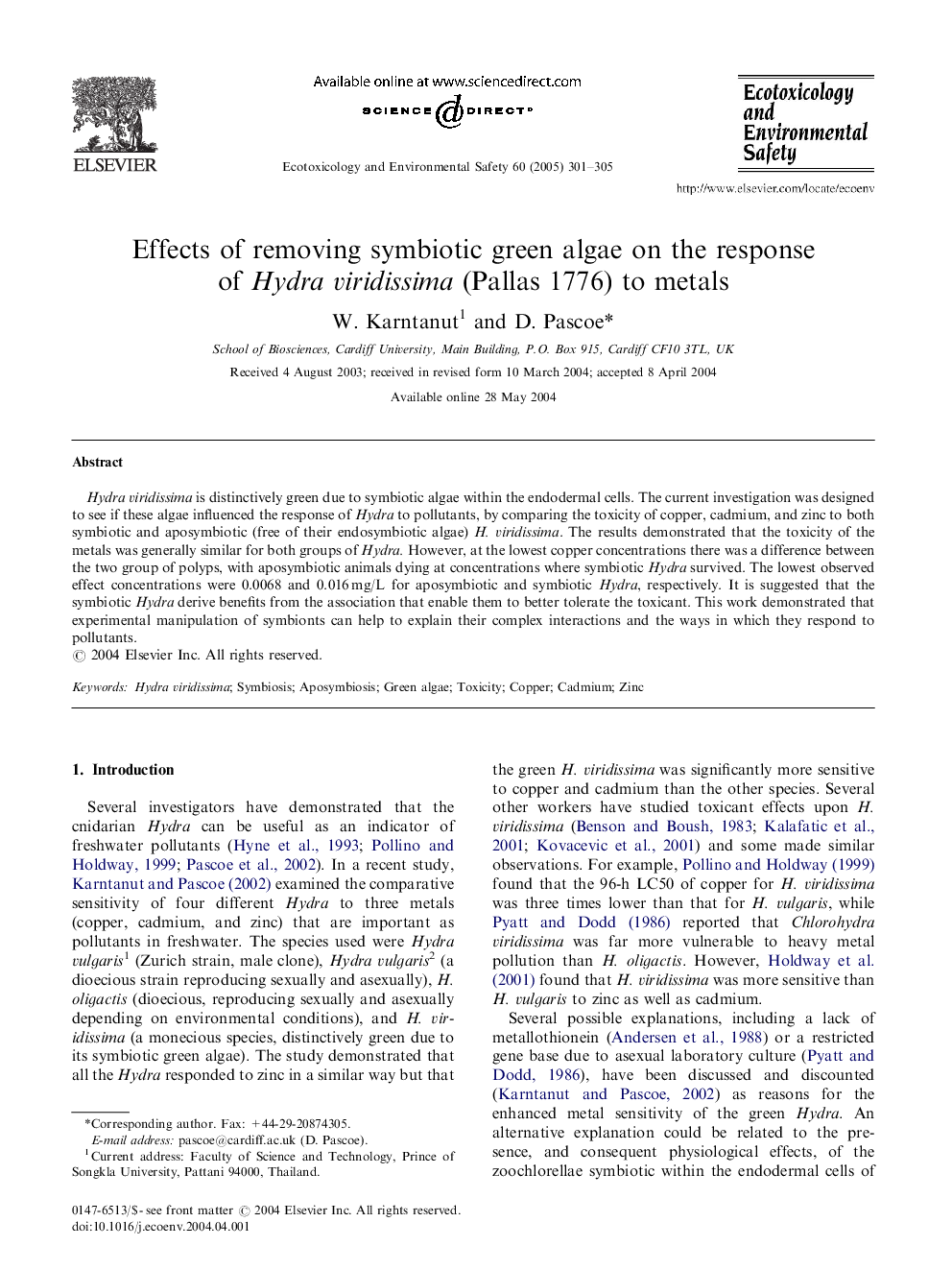 Effects of removing symbiotic green algae on the response of Hydra viridissima (Pallas 1776) to metals