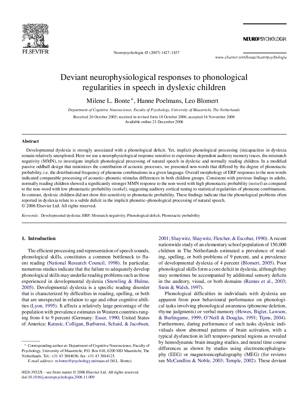 Deviant neurophysiological responses to phonological regularities in speech in dyslexic children