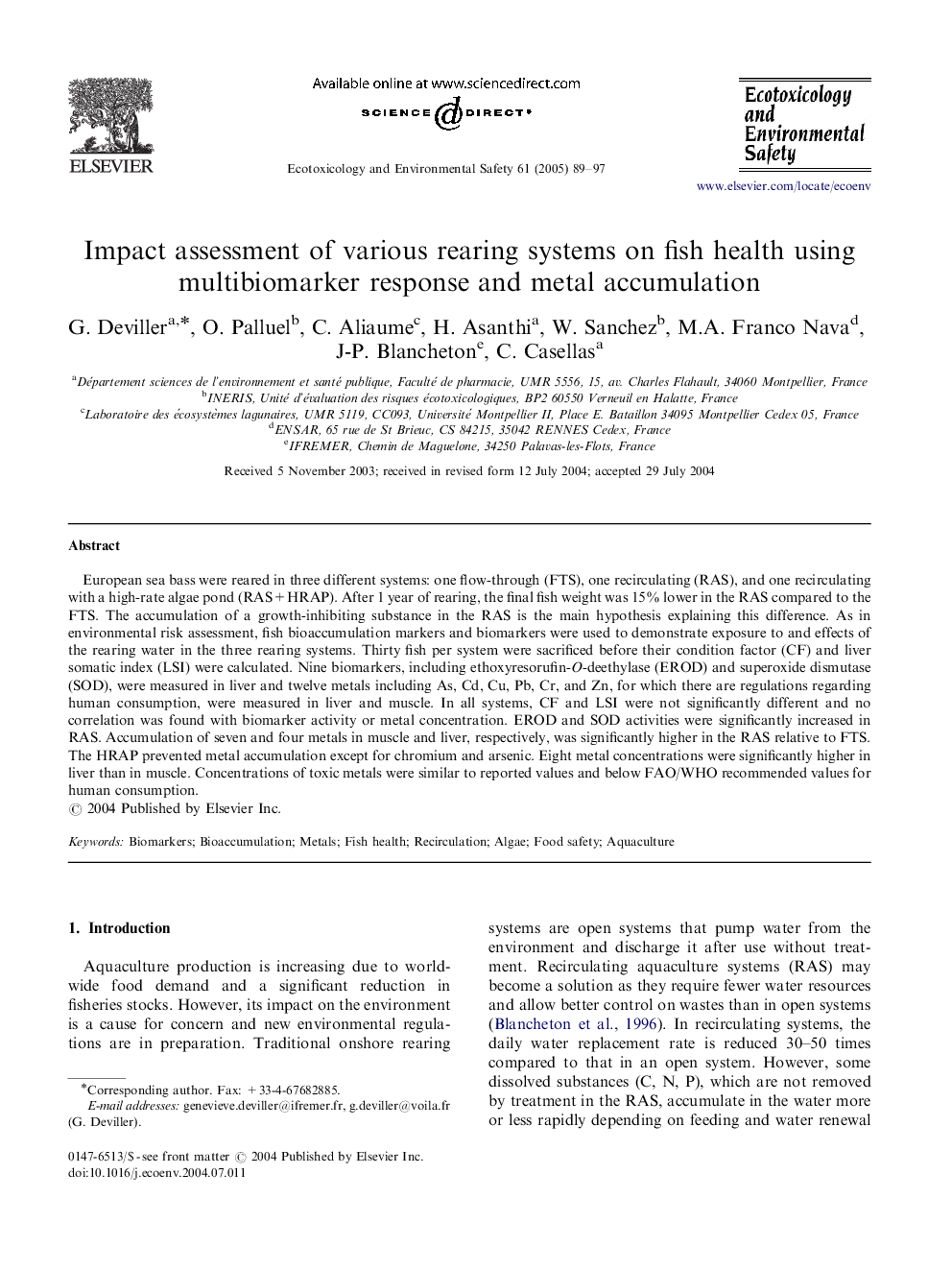 Impact assessment of various rearing systems on fish health using multibiomarker response and metal accumulation