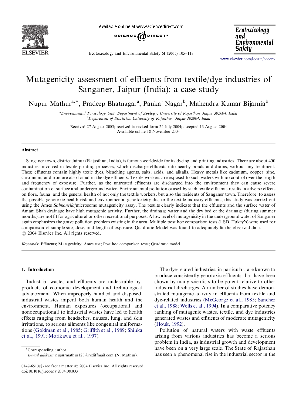 Mutagenicity assessment of effluents from textile/dye industries of Sanganer, Jaipur (India): a case study