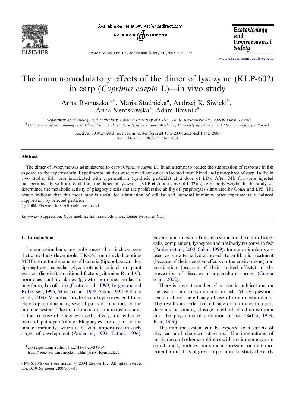 The immunomodulatory effects of the dimer of lysozyme (KLP-602) in carp (Cyprinus carpio L)-in vivo study