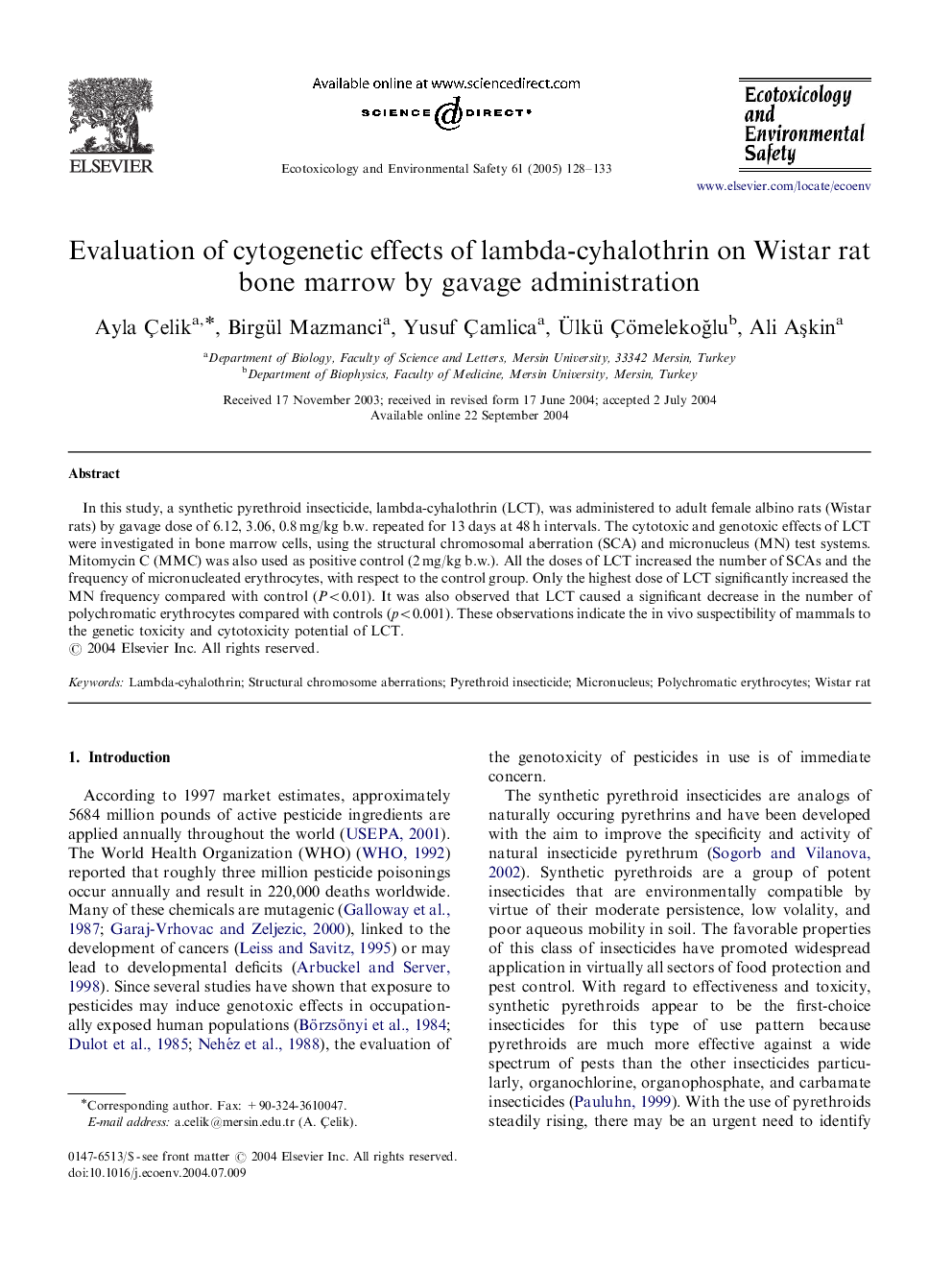 Evaluation of cytogenetic effects of lambda-cyhalothrin on Wistar rat bone marrow by gavage administration