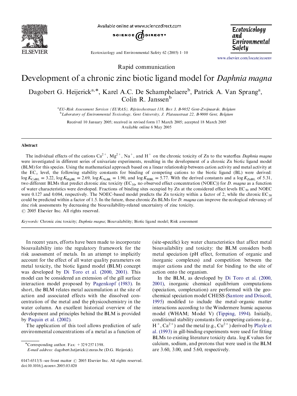 Development of a chronic zinc biotic ligand model for Daphnia magna