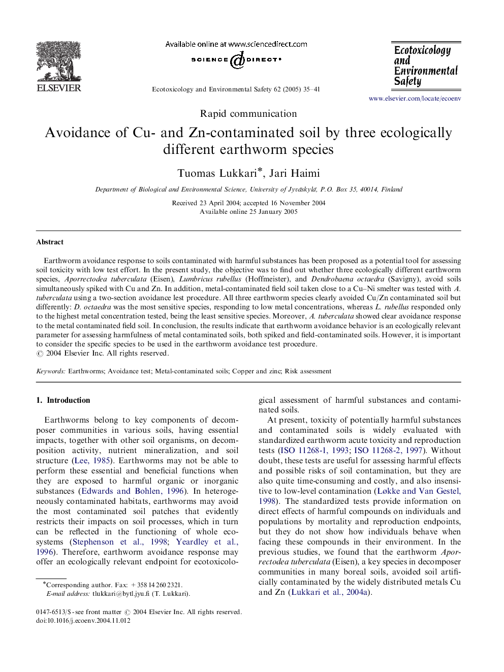 Avoidance of Cu- and Zn-contaminated soil by three ecologically different earthworm species