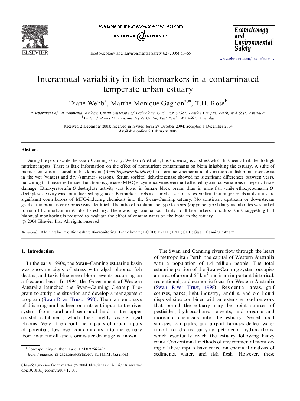 Interannual variability in fish biomarkers in a contaminated temperate urban estuary