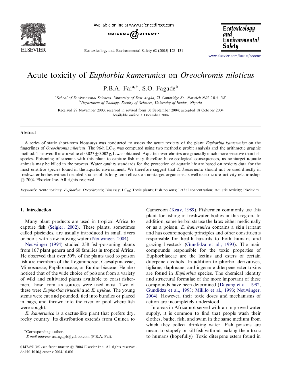 Acute toxicity of Euphorbia kamerunica on Oreochromis niloticus