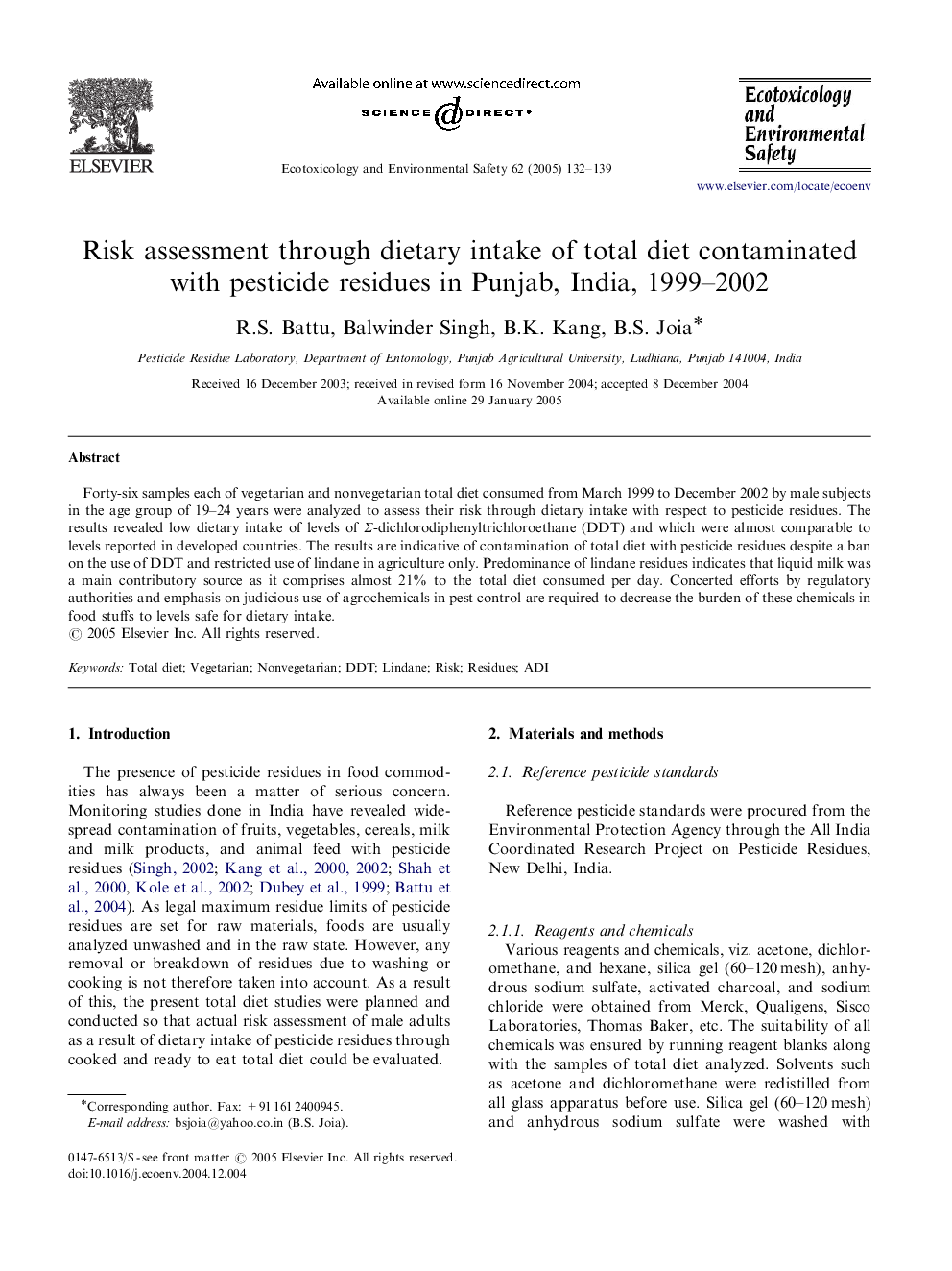 Risk assessment through dietary intake of total diet contaminated with pesticide residues in Punjab, India, 1999-2002