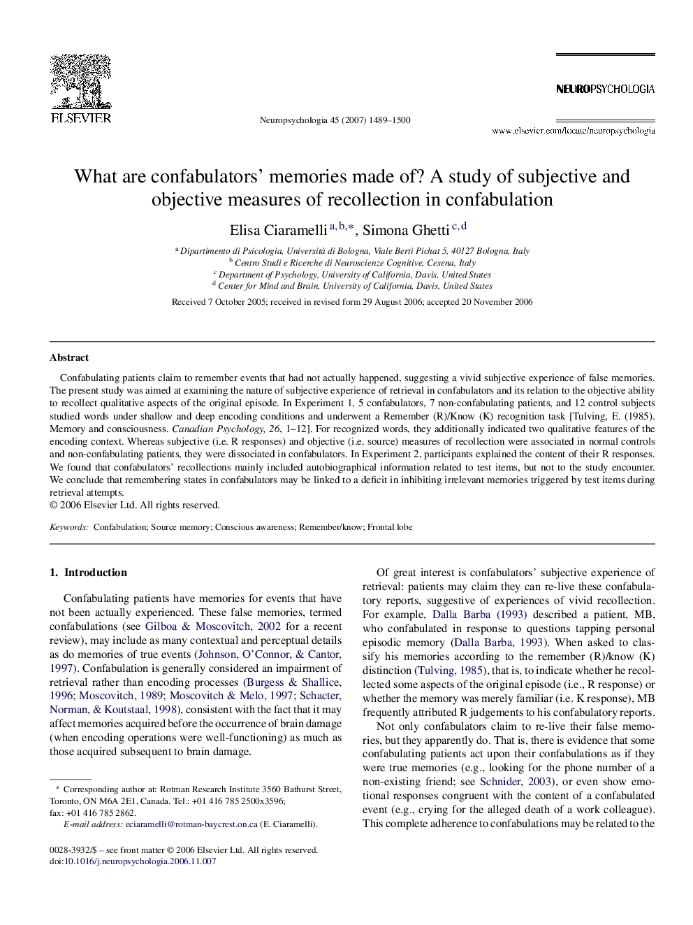 What are confabulators’ memories made of? A study of subjective and objective measures of recollection in confabulation