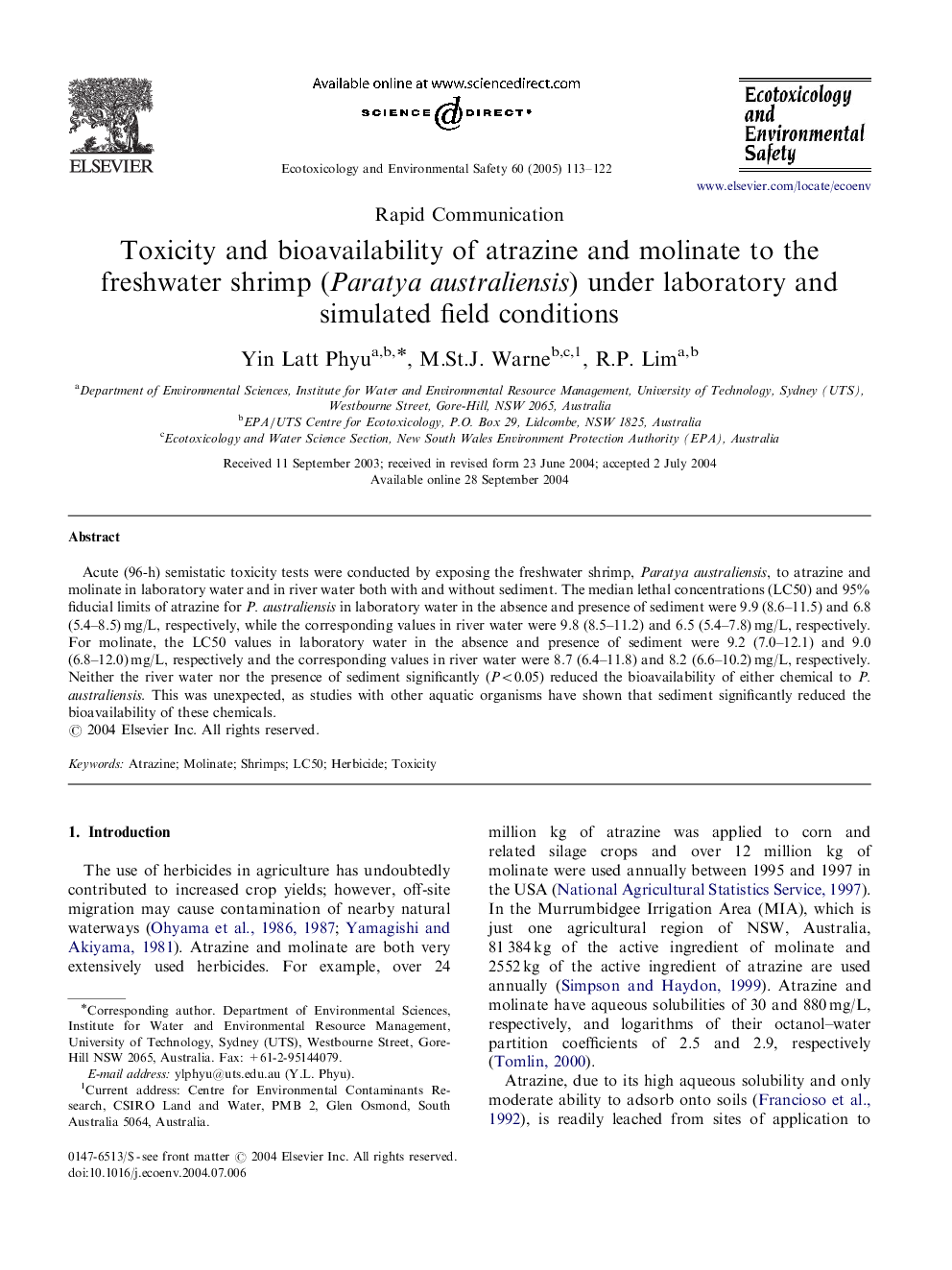 Toxicity and bioavailability of atrazine and molinate to the freshwater shrimp (Paratya australiensis) under laboratory and simulated field conditions