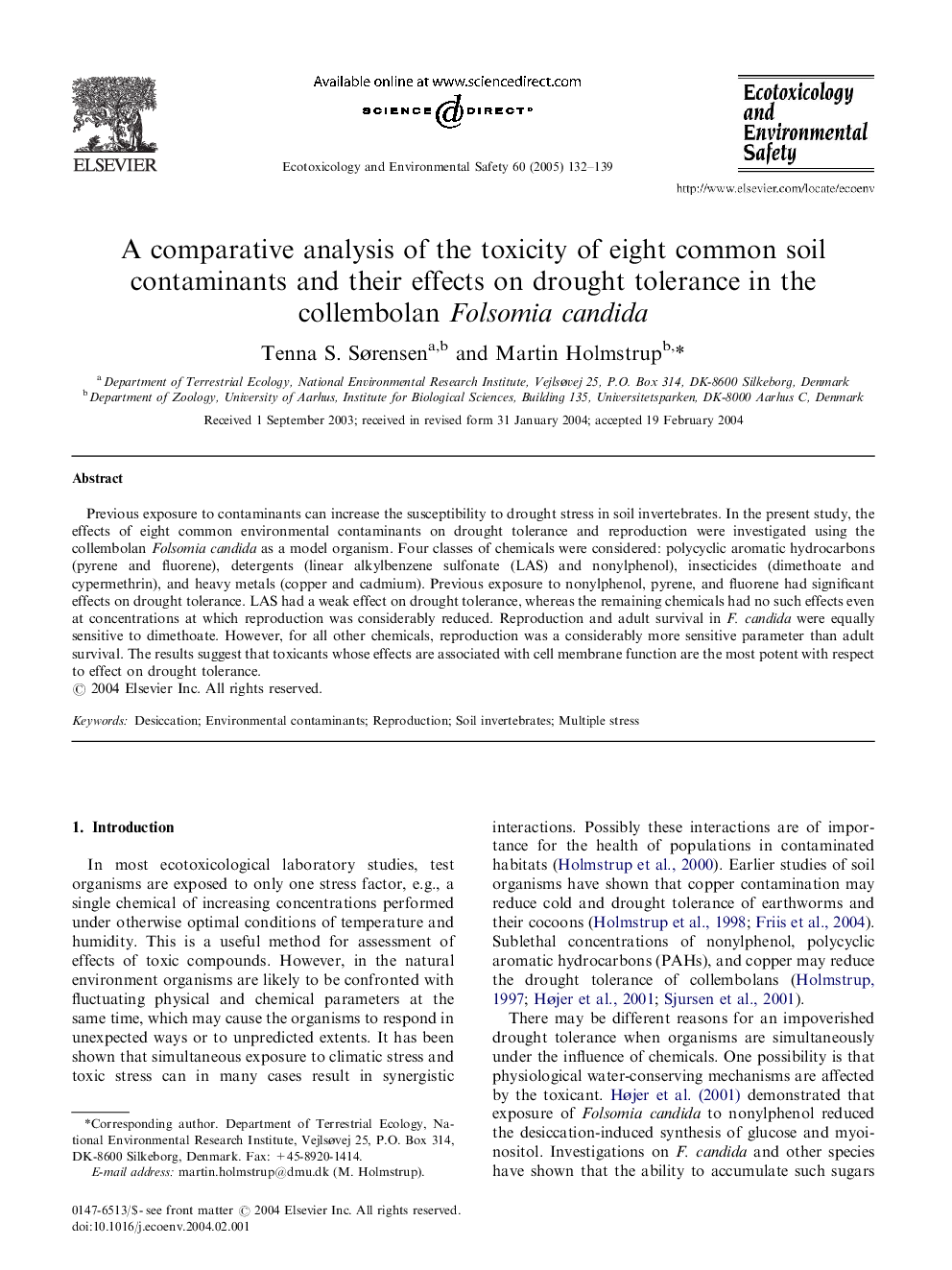 A comparative analysis of the toxicity of eight common soil contaminants and their effects on drought tolerance in the collembolan Folsomia candida