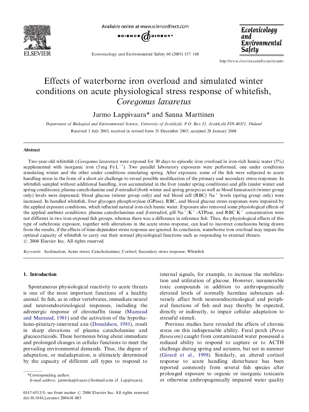 Effects of waterborne iron overload and simulated winter conditions on acute physiological stress response of whitefish, Coregonus lavaretus