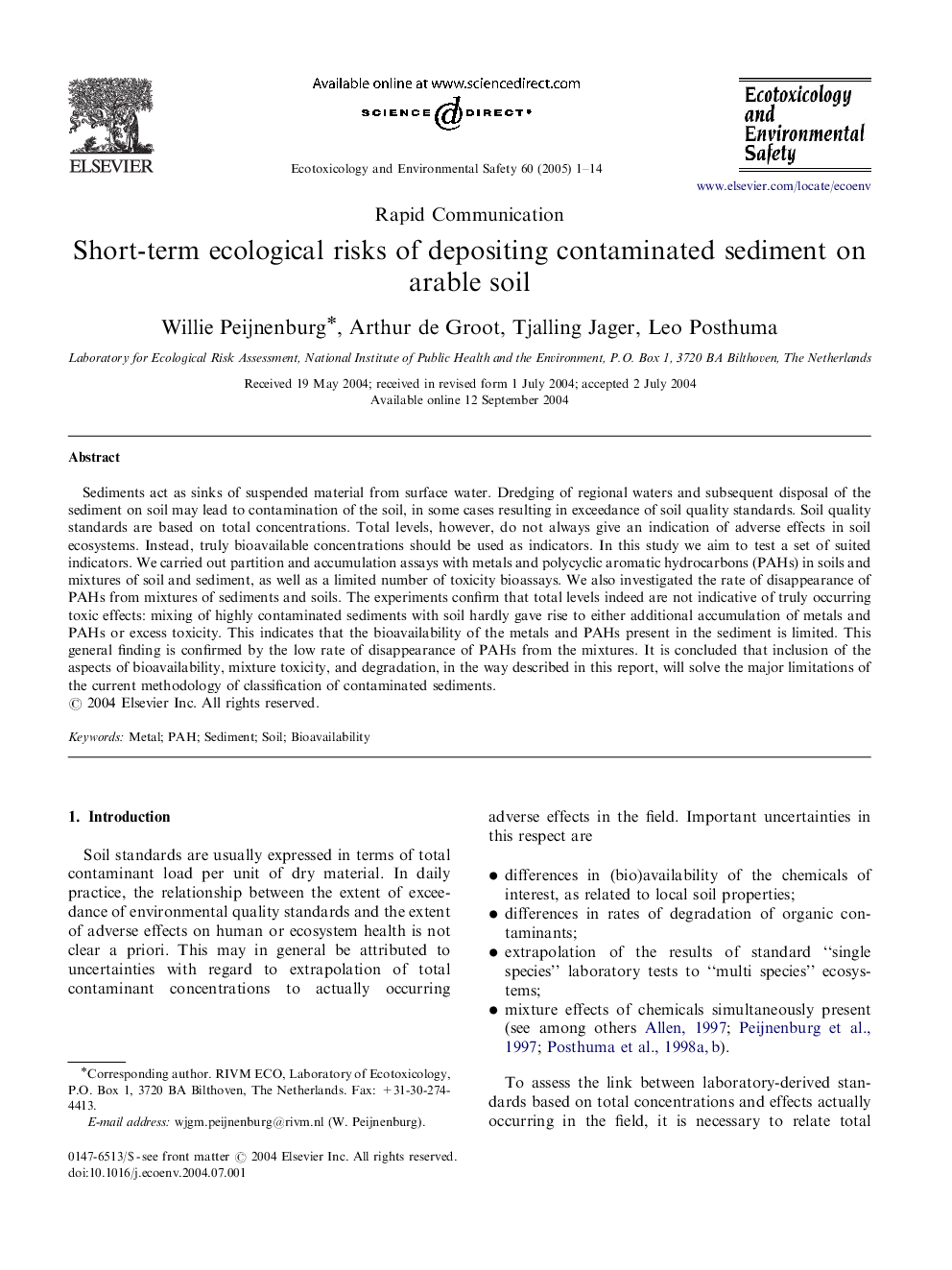 Short-term ecological risks of depositing contaminated sediment on arable soil